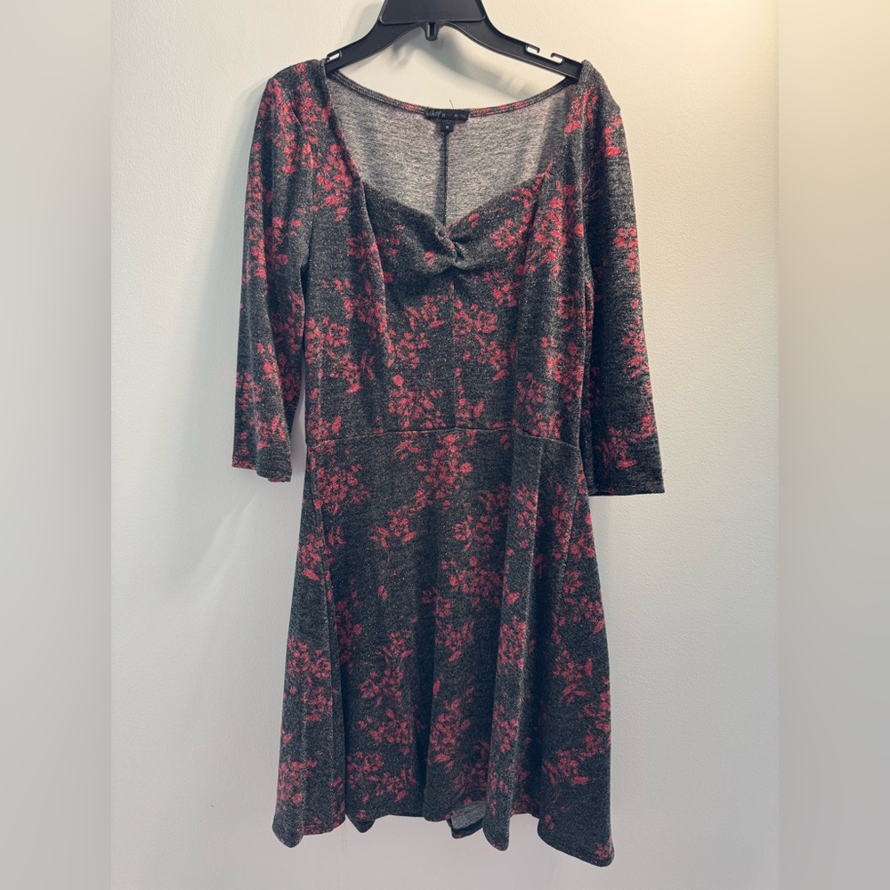 Gray and Red Floral 3/4 Sleeve Dress
